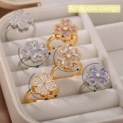 Rotatable Flower Ring With Rhinestone