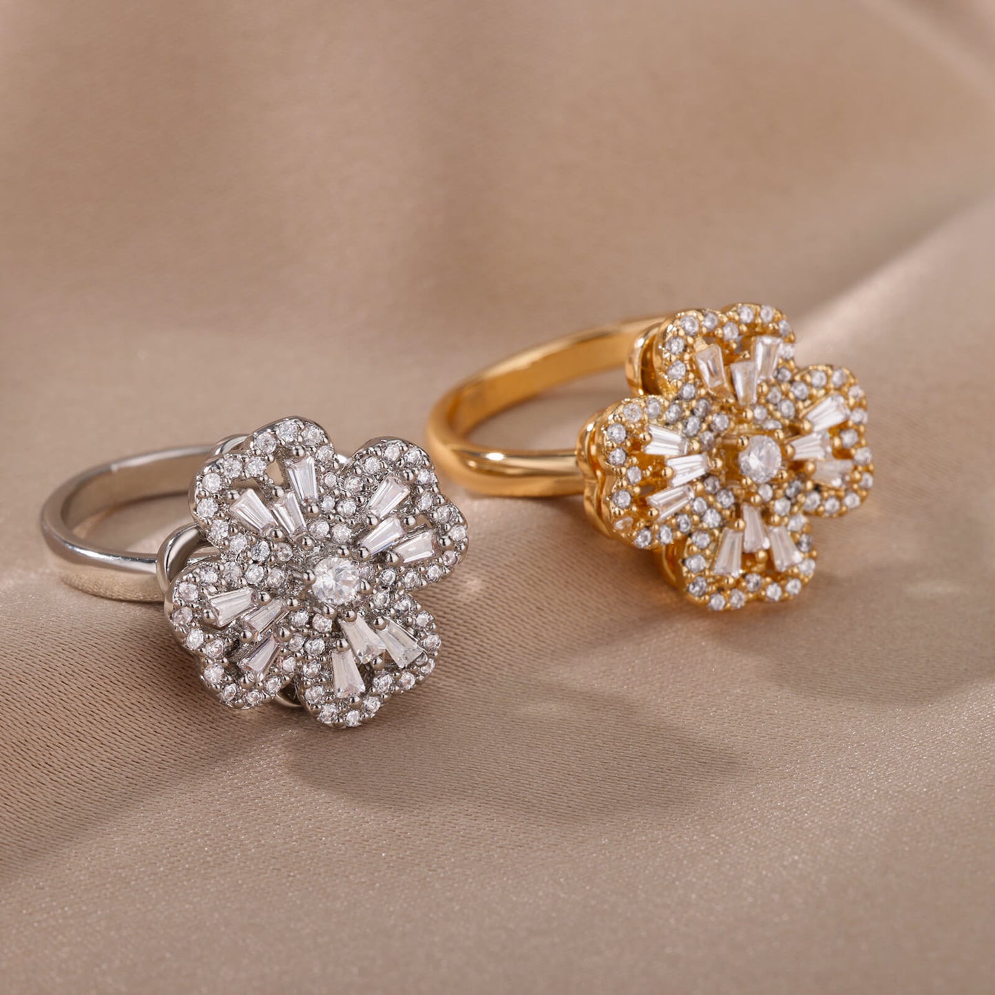 Rotatable Flower Ring With Rhinestone